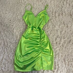 Y2K Style Neon Mini Ruched Bodycon Dress Size Medium Green